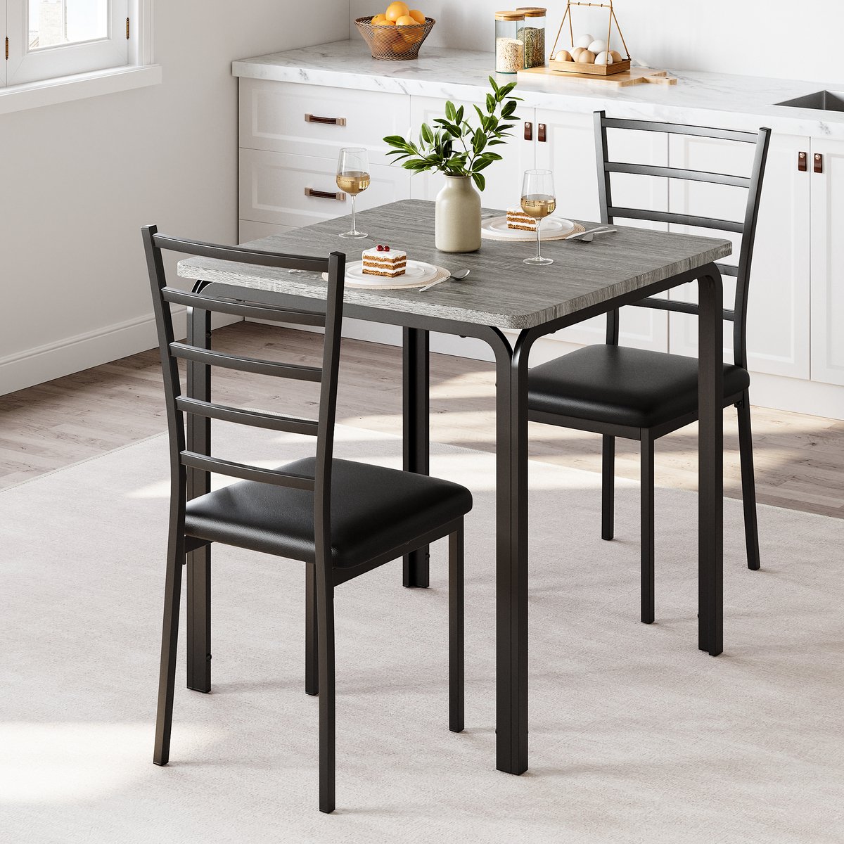3-Delige Compacte Eettafel Set voor 2 Personen - Ruimtebesparende Vierkante Keukentafel met 2 Gestoffeerde Stoelen - Industrieel & Modern Design - Ideaal voor Kleine Ruimtes & Studio's