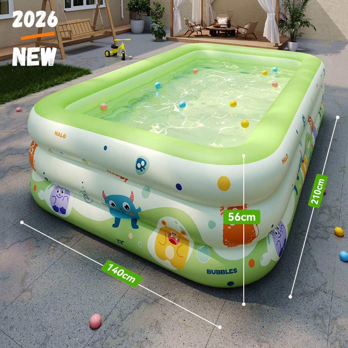 Premium Opblaasbaar Kinderzwembad - 210 x 140 x 56 cm - 3-Laags Verdikt Familiezwembad - Veilig PVC Babybad met Afvoergat - Zomer Waterplezier - Zwembad speelgoed - Buitenspeelgoed inclusief Reparatiesetje — afbeelding 7