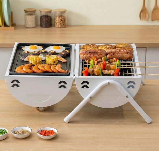 Luxe Draagbare Tafelbarbecue Houtskool - 2-in-1 Smoker & Open Grill - Met Grillplaat & Deksel - Compacte Camping BBQ voor Balkon & Park - Dubbel Grilloppervlak - Houtskool Barbecue - Ideaal voor Buiten - Houtskool BBQ - Wit, 25.5 x 37.5 x 39 cm van Luxe — afbeelding 4