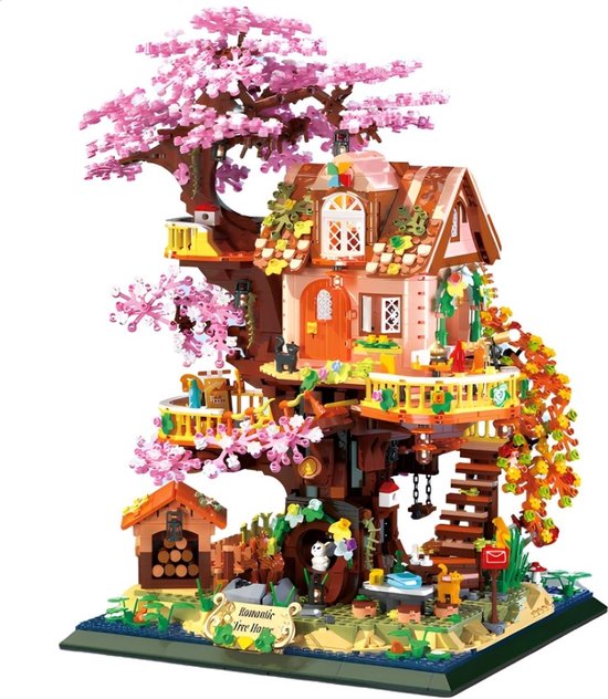Zhe Gao 'Romantic Tree House' bouwset, met bloeiende kersenbloesembomen, een houten huisje en diverse accessoires.