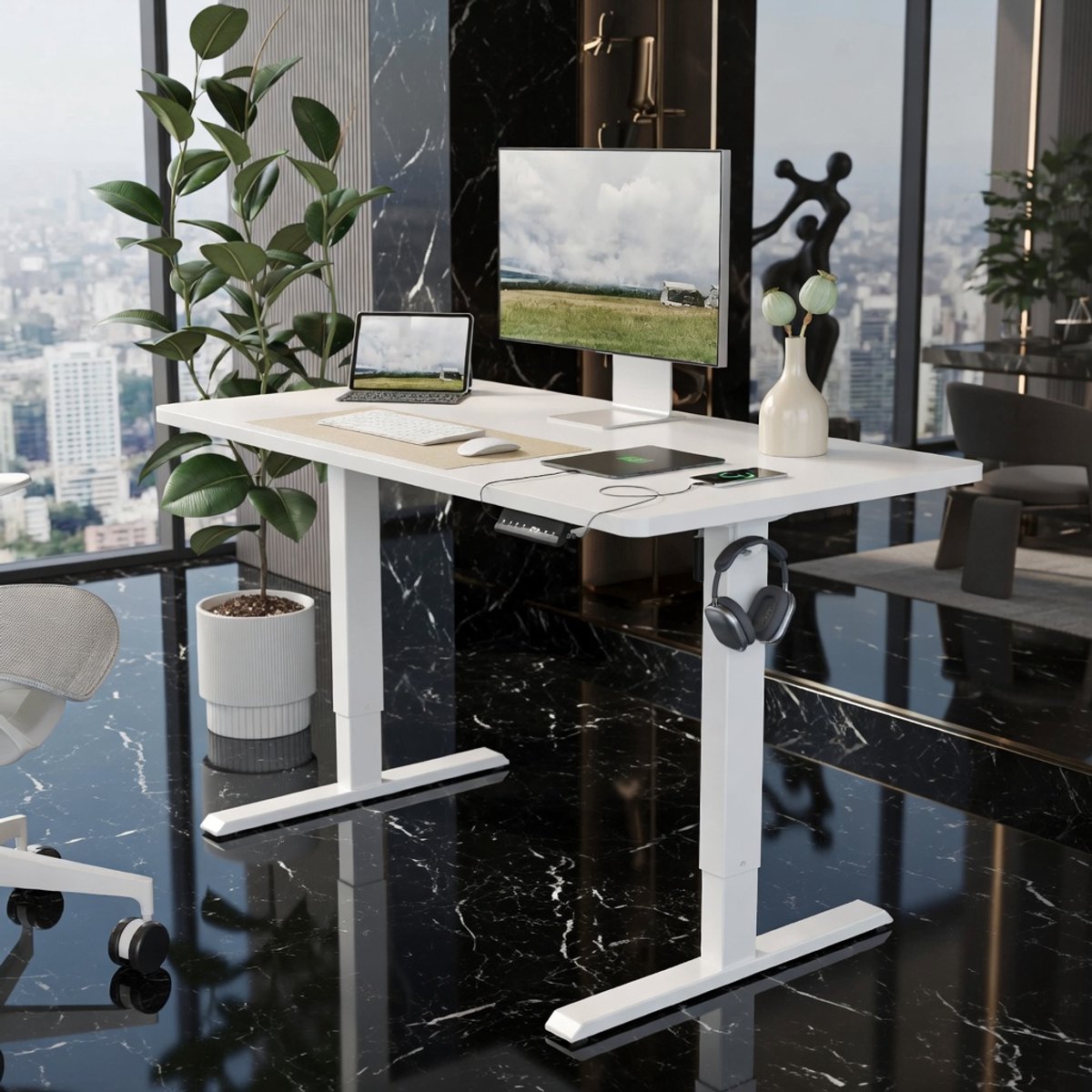 In hoogte Verstelbaar Elektrisch Bureau – Sta-Zit Bureau 100x60 cm met Eendelig FSC-Houten Tafelblad, USB-A & USB-C Oplaadpoorten – Wit, Industrieel Design, Thuiswerk / Kantoor House&Garden