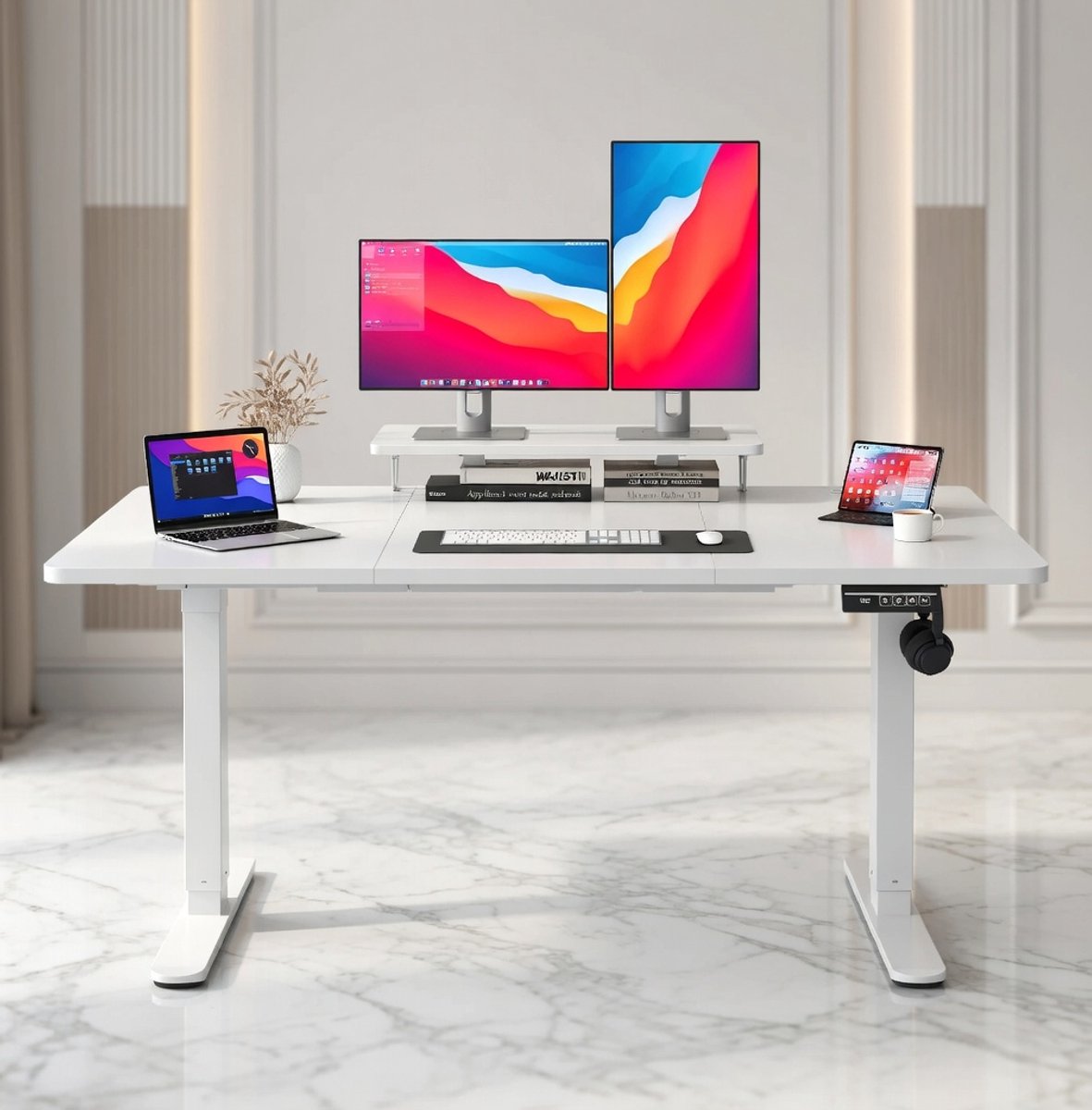Ergonomisch In Hoogte Verstelbaar Elektrisch Sta-Zit Bureau met Monitorstandaard – 140 x 60 cm – Wit – House&Garden – Modern Design – Ideaal voor Thuiswerk en Kantoor