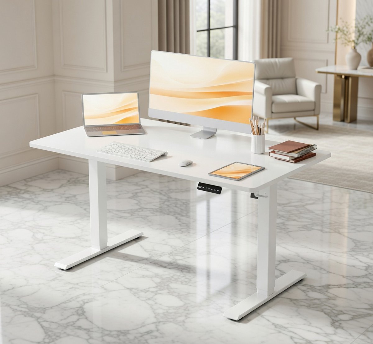 Ergonomisch Elektrisch In Hoogte Verstelbaar Bureau – Staand Bureau 110x60 cm – Wit – Computertafel, Werkplek & Home Office Oplossing House&Garden