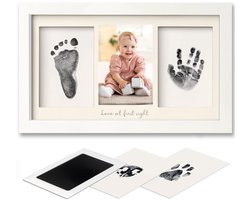 Set met hand- en voetafdrukken van de baby, Inktkussen voor baby's, Herdenkingsfotolijstje, Kan worden neergezet of aan de muur worden gehangen, Wit.
