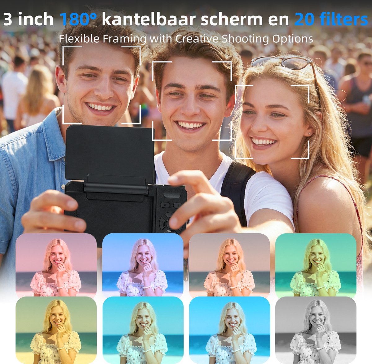 Ericbee 4K 64MP Digitale Camera Met Beauty Licht En 180 Graden Flip Scherm - Compacte Vlogging Camera Met Autofocus 18X Digitale Zoom En 20 Filters - Fotocamera Met 3 Inch Display Webcam Functie En 32GB Kaart Voor Foto En Video thumbnail 6