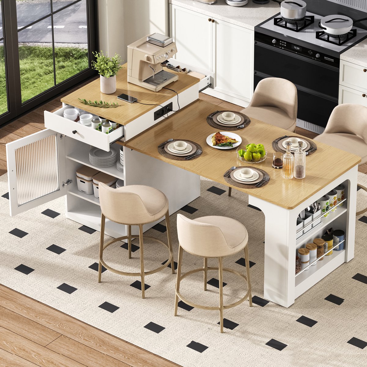 OKWISH Keukeneiland – Uitschuifbare Tafel Met Stopcontact En Opbergruimte – Wit Houtlook – 80×71–151×92 cm