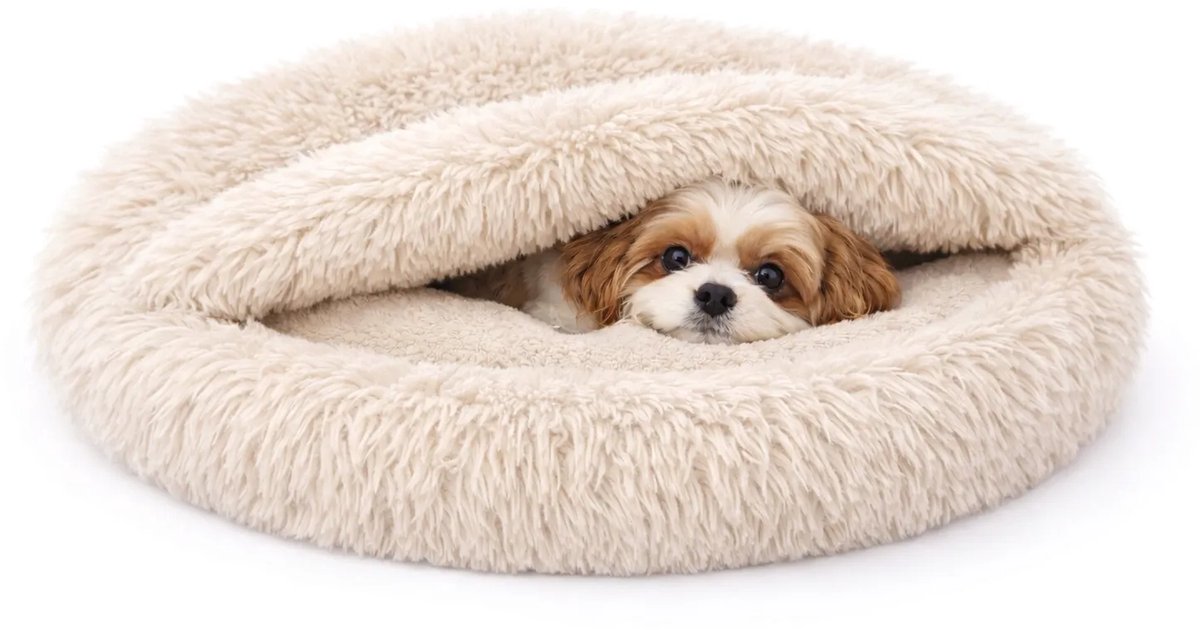 Honden- en kattenbed 60 cm, warm rond slaapzak met shaggy boucle stof, comfortabel mandje voor huisdieren, ideale bed voor katten en honden, beige