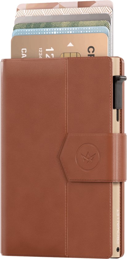 Prowallet Plus - Cognac - Porte-cartes pour 8 cartes, billets et pièces - Rétractable - RFID Porte-cartes de crédit - Porte-cartes Portefeuille, Porte-cartes Premium pour Hommes - Aluminium, Cuir synthétique - Incl. Boîte cadeau de luxe