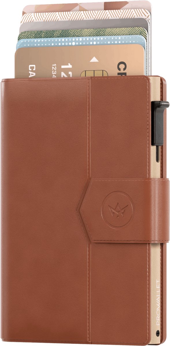 Prowallet Plus - Cognac - Pasjeshouder voor 8 pasjes, briefgeld en muntgeld - Uitschuifbaar - RFID Creditcardhouder - Kaarthouder Portemonnee, Premium Pashouder voor Mannen - Aluminium, Kunstleer - Incl. Luxe Cadeaubox