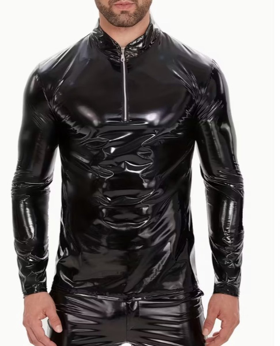 BamBella® Shirt /XL Heren goth gothic sexy Glans kleding mix van Latex en stof Datex Zwart