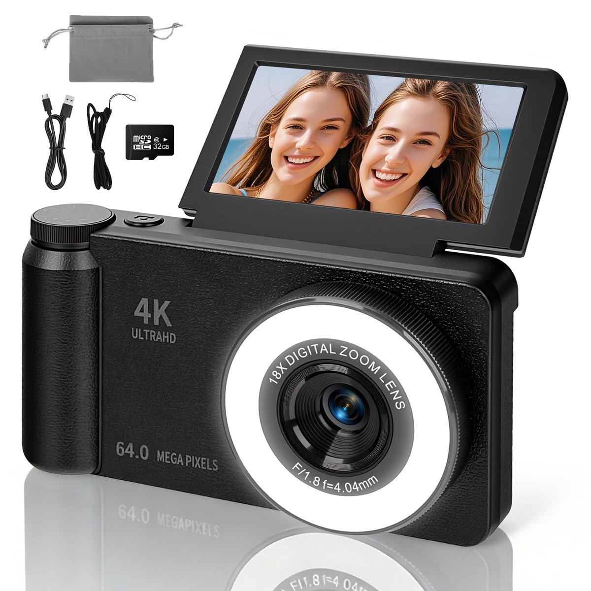 Ericbee 4K 64MP Digitale Camera Met Beauty Licht En 180 Graden Flip Scherm - Compacte Vlogging Camera Met Autofocus 18X Digitale Zoom En 20 Filters - Fotocamera Met 3 Inch Display Webcam Functie En 32GB Kaart Voor Foto En Video thumbnail 4
