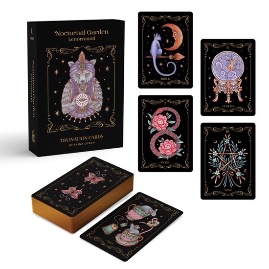 Doos met 'Nocturnal Garden Lenormand' divinatiekaarten, met illustraties van dieren en symbolen in een nachtelijke tuin-thema.