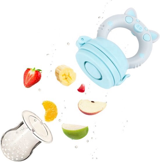 Babyfruitvoederfopspeen - Geschikt voor baby's vanaf 4 maanden en ouder - Babyfruit bijtring - Blauw - Fruitspeen - met 3 spenen van Little Moonster. — afbeelding 2
