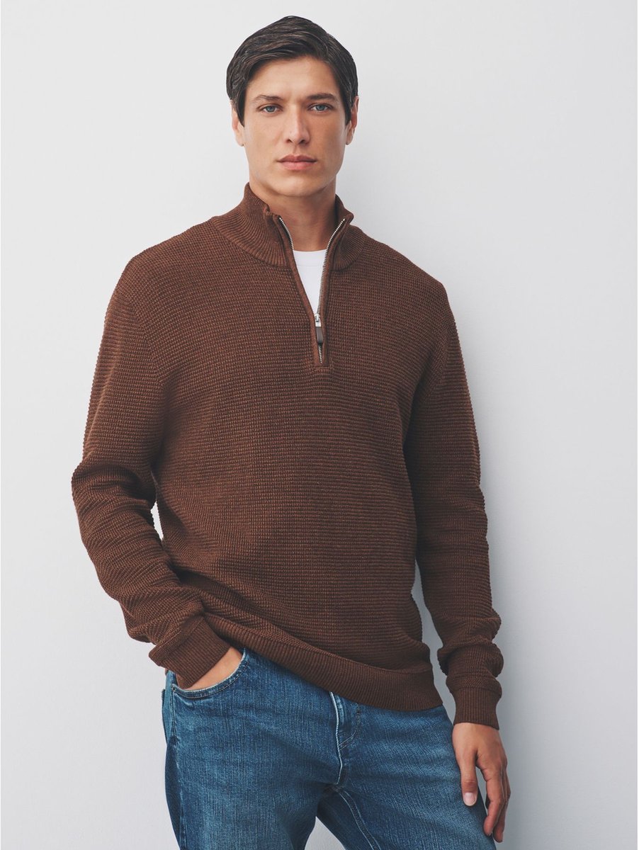 Next - Heren - Effen - Regular Fit 100% Cotton Textured Premium Quarter Zip Jumper - Bruin