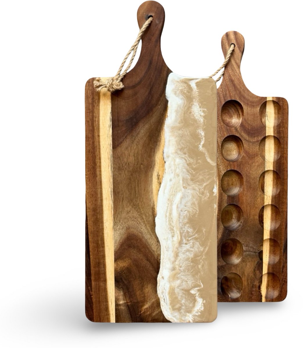 Luxe borrelplank-eierplateau-eierplank-dubbelzijdig-18 gaten-hapjesplank-gevulde eieren-epoxy-beige wit goud-ORGNL Art Design
