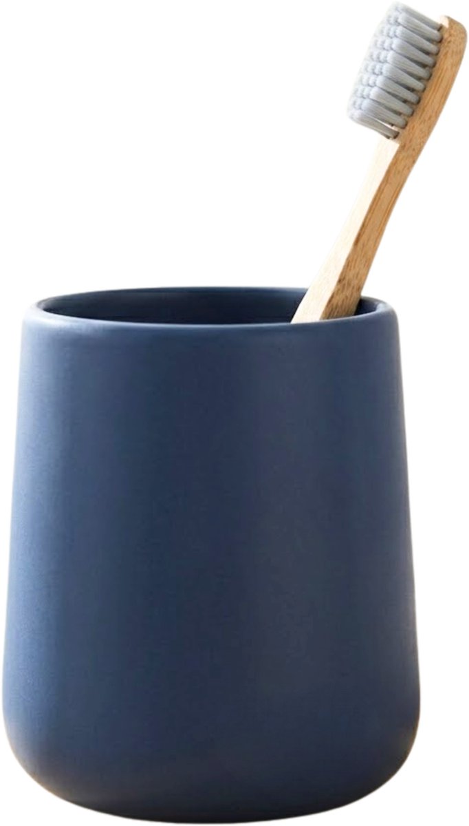 Bathroom Solutions Badkamer beker / tandenborstelhouder Earth Serie - Keramiek - donkerblauw - 8 x 10 cm