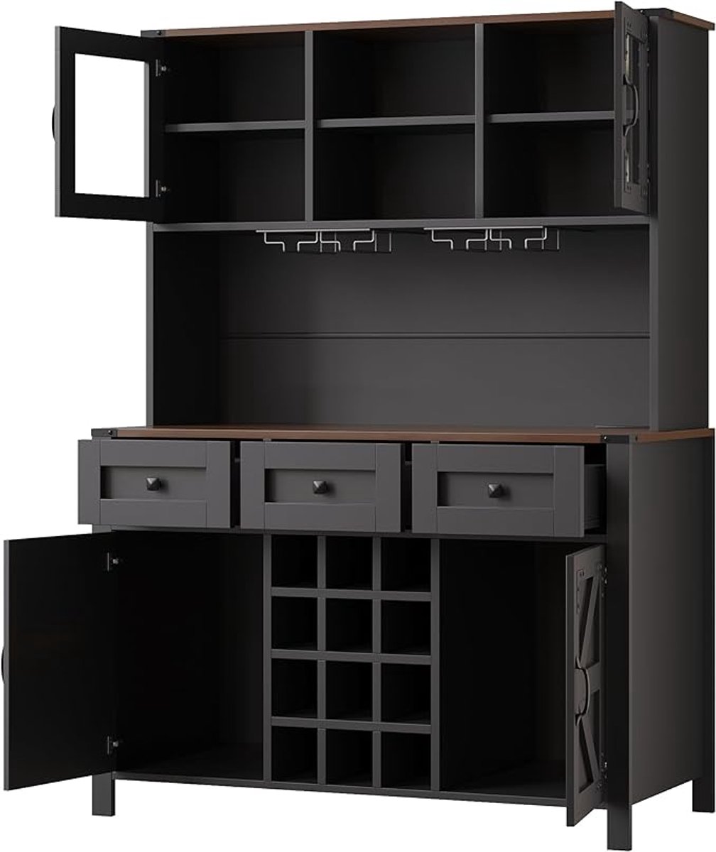 Hoge keukenkast met LED verlichting 120x40x170 cm – Moderne zwarte buffetkast met wijnrek, stopcontact & USB, verstelbare planken en soft-close deuren – multifunctionele opbergkast woonkamer keuken – Laura