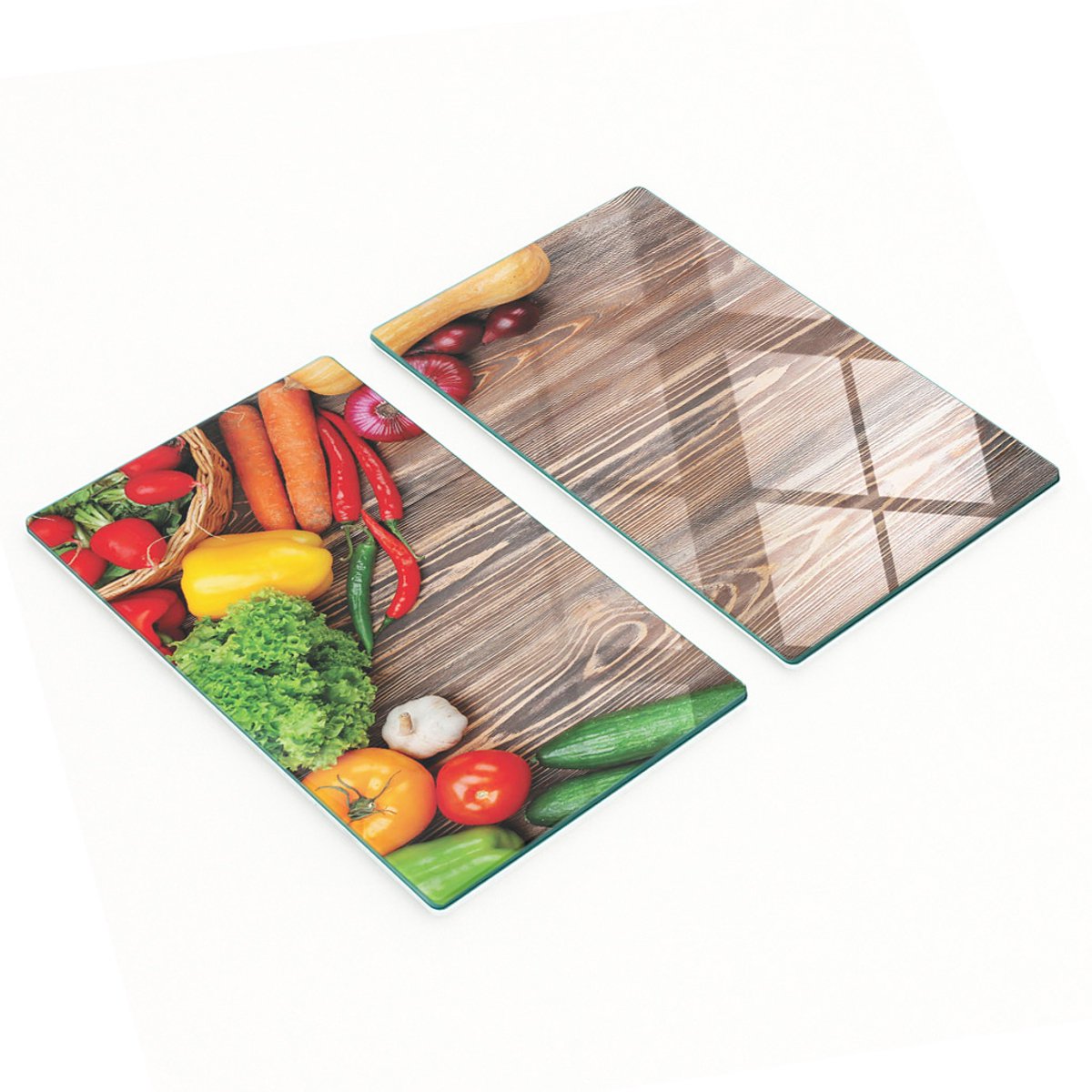 Glazen serveerplanken met groenteafbeeldingen, hout, 2x30x52 cm
