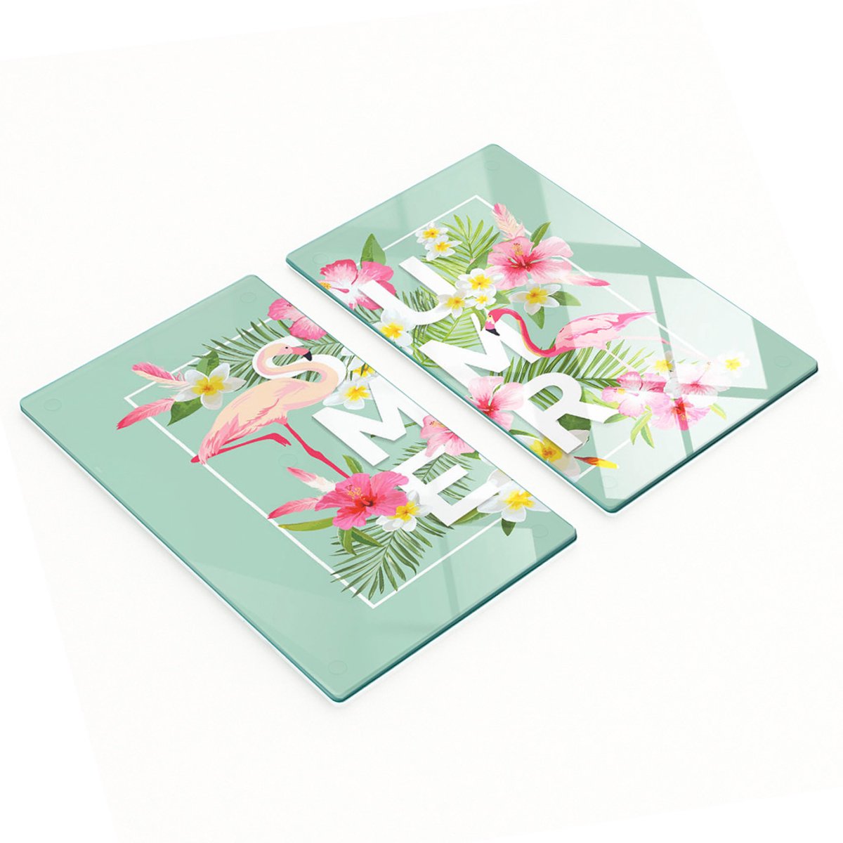 Twee decoratieve snijplanken van gehard glas met flamingo-motief, 2x30x52 cm