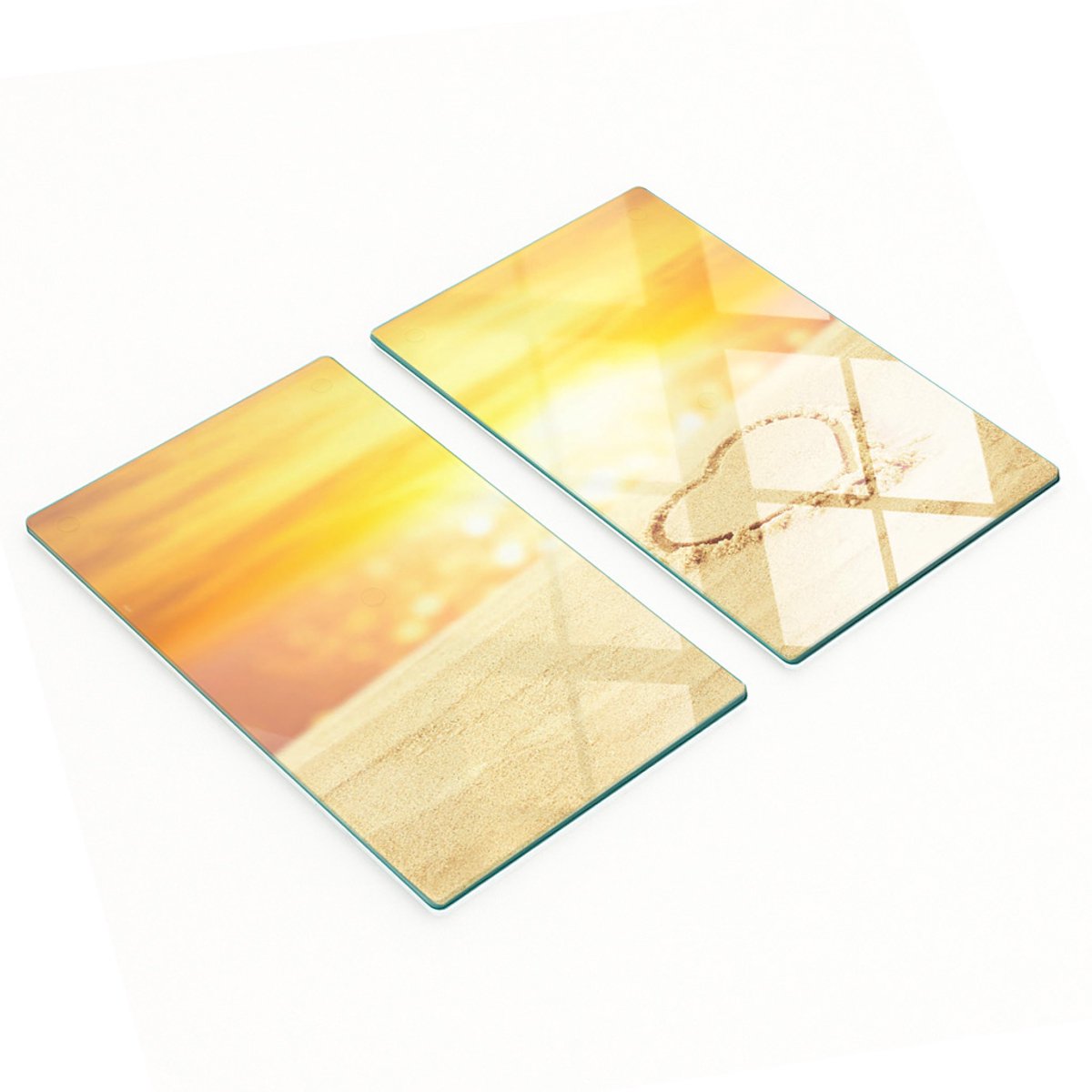 Keukenplanken van gehard glas met hartmotief op zand, 2x30x52 cm