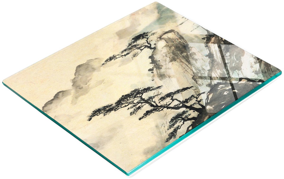 Glazen serveerplank met Chinese landschapsafbeeldingen 60x52 cm