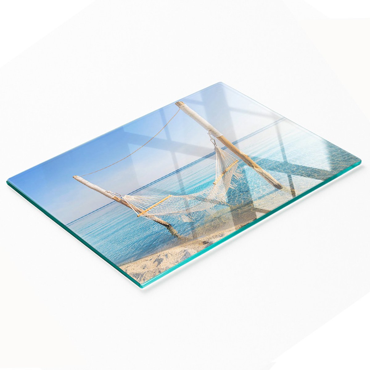 Decoratieve glazen snij- en serveerplank 'Hangmat aan zee' 80x52 cm