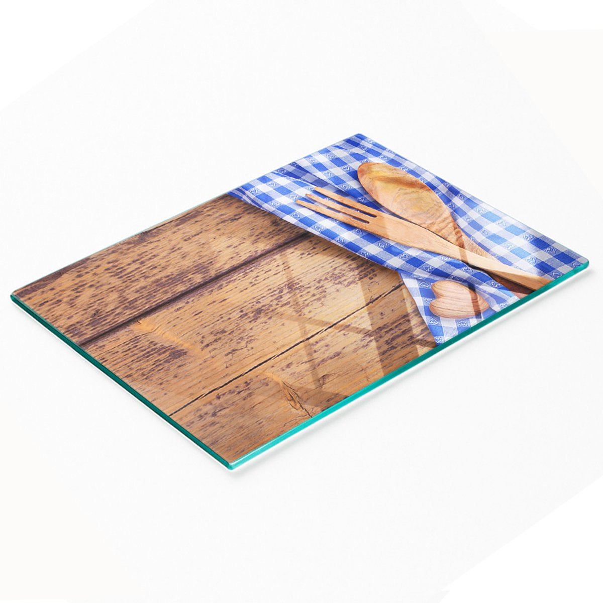 Keukenplank van gehard glas met afbeeldingen en houten bestek, 80x52 cm