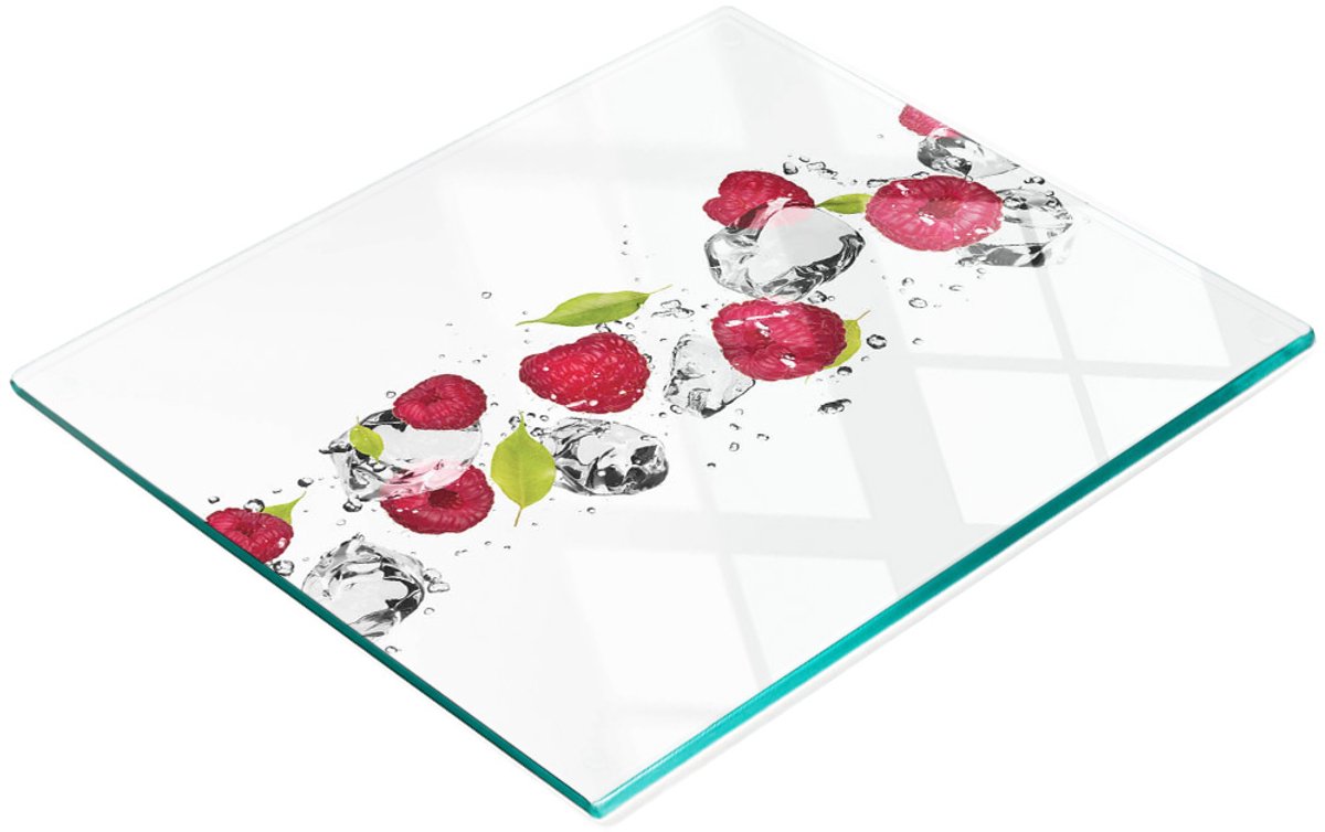 Keukenplank van gehard glas met decoratieve frambozen- en waterafbeeldingen, 60x52 cm