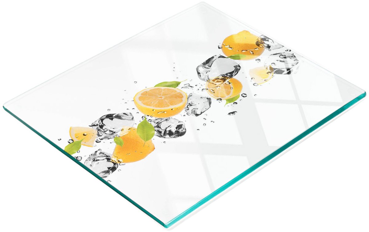 Decoratieve snijplank van gehard glas met citroen- en watermotief, 60x52 cm