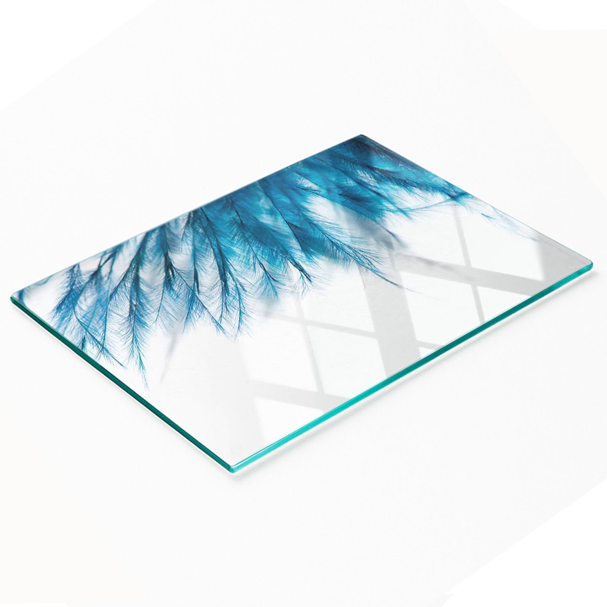 Decoratieve glazen snij- en serveerplank met blauwe veren, 80x52 cm