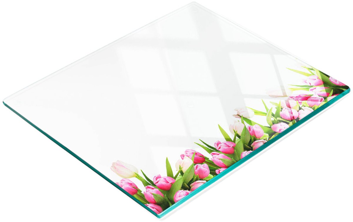 Decoratieve glazen snijplank met roze tulpenmotief, 60x52 cm