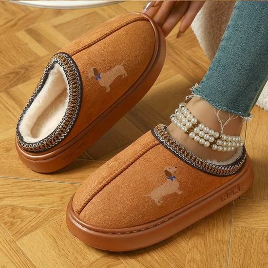 GURGER Pantoffels Heren Dames Winter Huisschoenen Warme Sloffen Pluche Gevoerde Slippers Met Dieren Borduurwerk Antislip Comfortabele Voor Binnen, Kaki 36 37