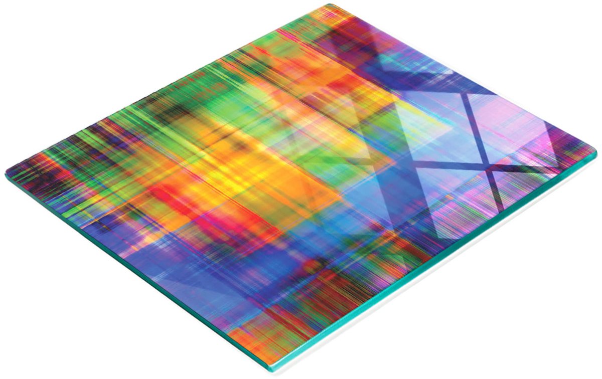 Glazen serveerplank met abstracte regenboogprint, 60x52 cm