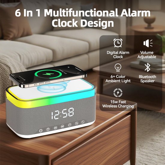 Namajunas - 5-in-1 Wireless LED Speaker - Draadloos - Bluetooth Speaker - 6 Ambient-lampen - Digitale klok, LED-display - Draadloze Muziek Box - Draadloze Oplader - Wireless charger - GSM Lader - voor iPhone/Android/iPad/Samsung - Cadeau van Merkloos — afbeelding 3