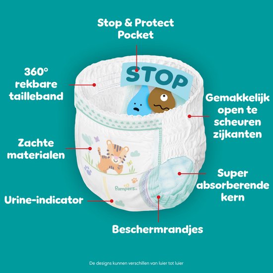 Pampers luierbroekje, maat 5, met tijgerprint. Kenmerken: 360° tailleband, zachte materialen, urine-indicator.