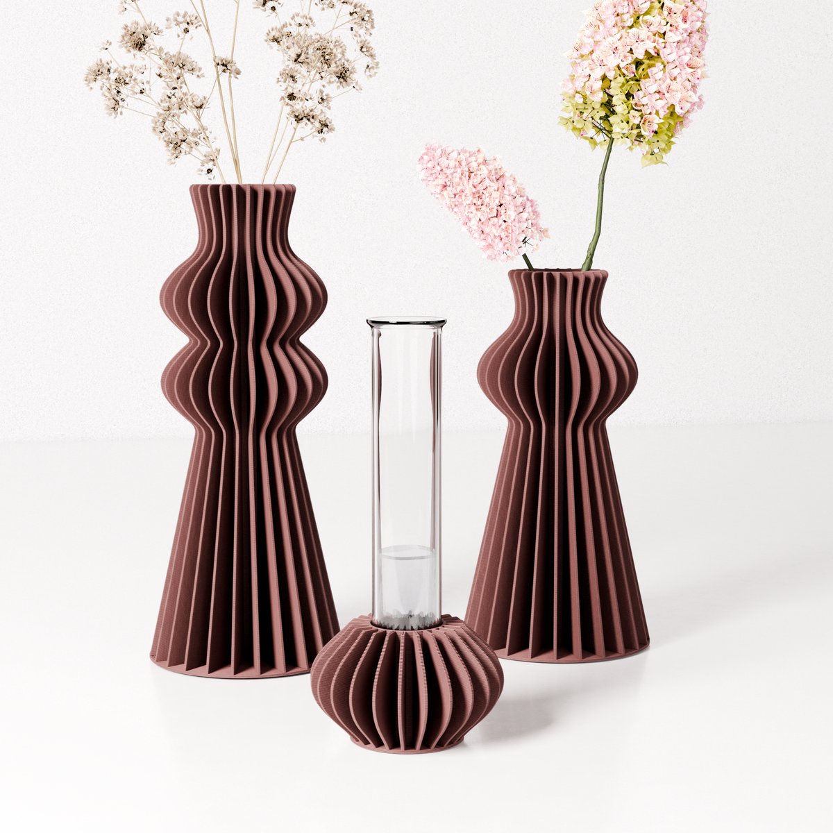 Fleuriek Design vazen set van 3 met reageerbuisje - Rood - Kleine bloemenvaasjes voor tafeldecoratie