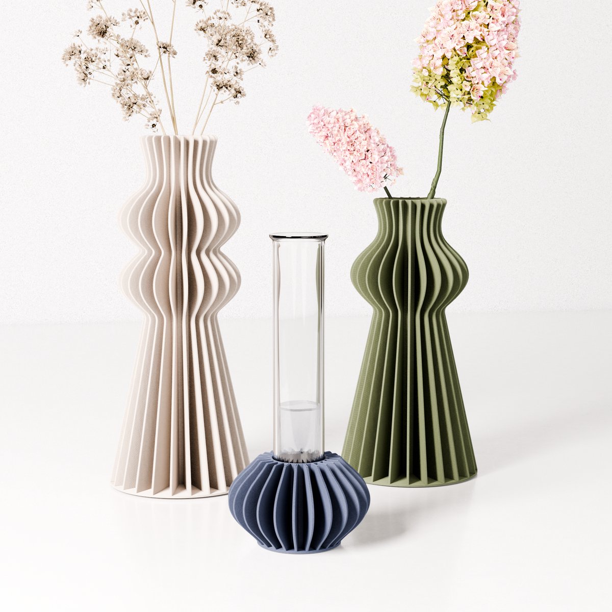 Fleuriek Reageerbuis vaasjes set van 3 - Groen, blauw, beige - Decoratieve vaasjes voor droogbloemen