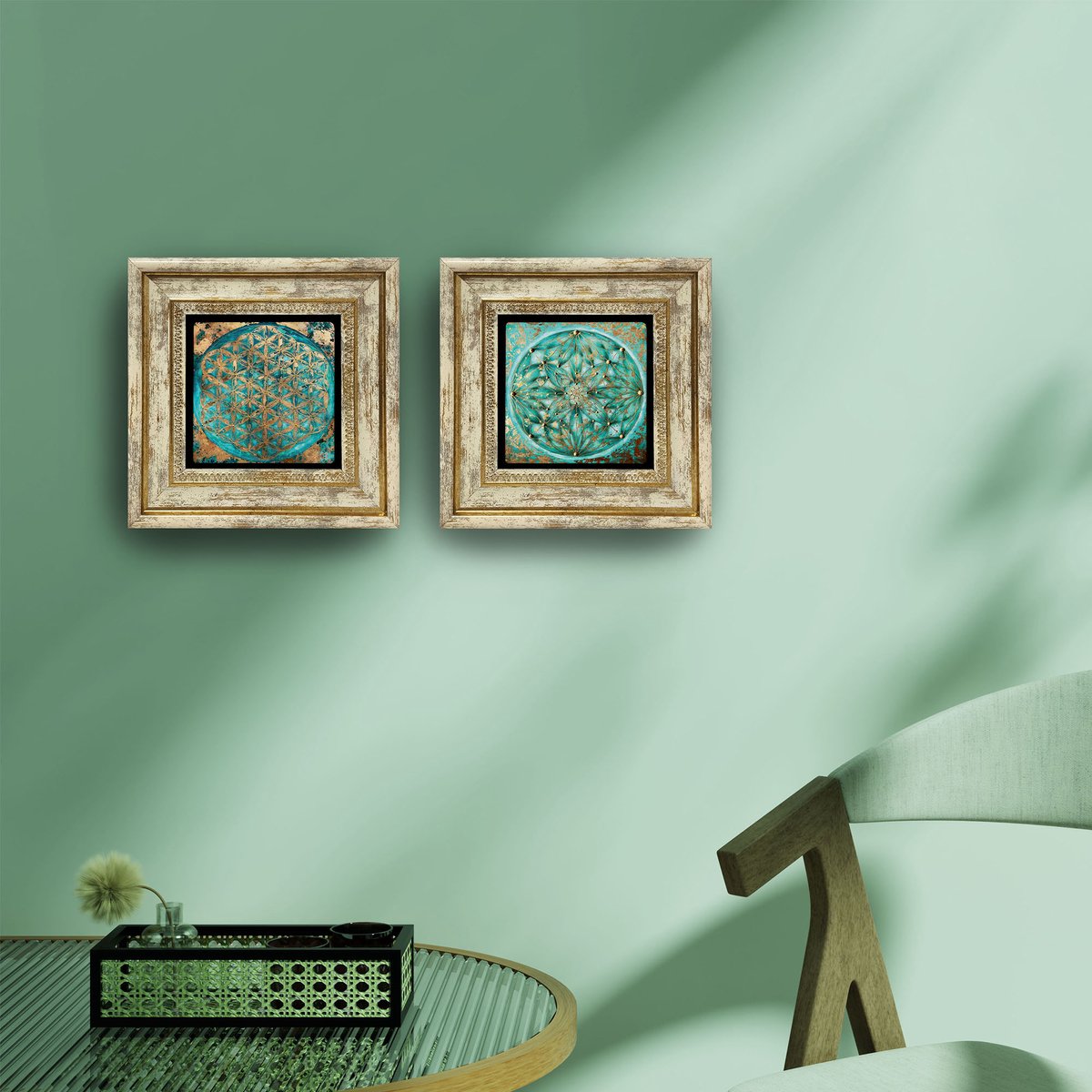 Artlijn Mandala Wanddecoratie – Sacred Geometry – Set van 2 Natuursteen Art Prints – Travertin Steen – Geometrisch Design