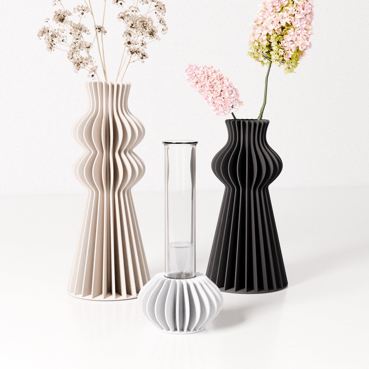 Fleuriek Tafeldecoratie vaasjes set van 3 - Zwart, beige, wit - Stijlvolle stekvaasjes met reageerbuisje