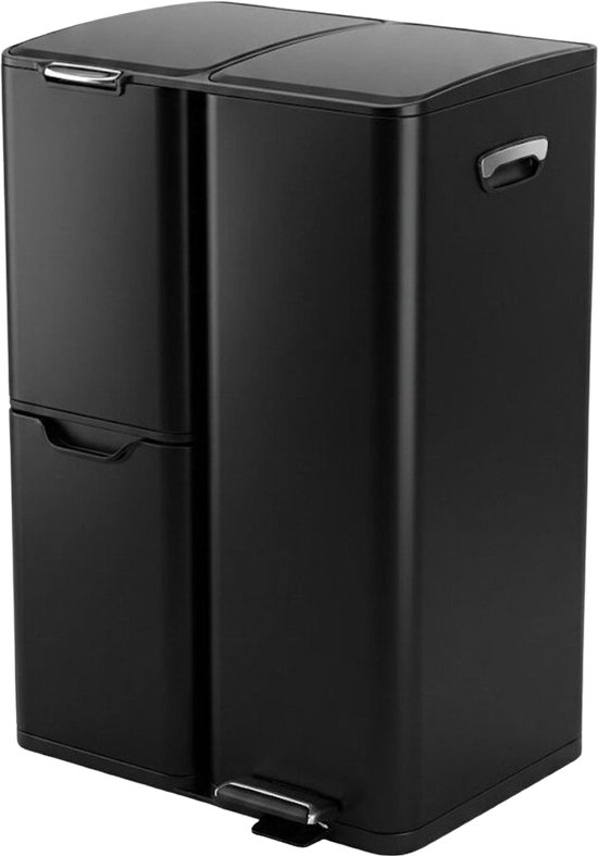 BinnenStyle SmartSort 60L – Poubelle 3 Compartiments - Poubelle de tri des déchets - Compartiments 13L + 17L + 30L - Noir mat - Poubelles de tri des déchets - Poubelle à pédale de cuisine - Noir mat