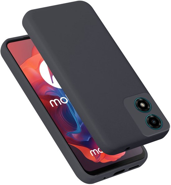 Coque de téléphone gris foncé en silicone TPU souple pour un Motorola Moto G04, sur fond rouge et bleu.