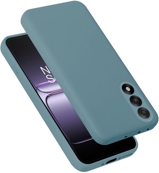 Een matgroen telefoonhoesje zweeft boven een smartphone met 'Never Settle' op het scherm. De cameralens-uitsparing is zichtbaar.