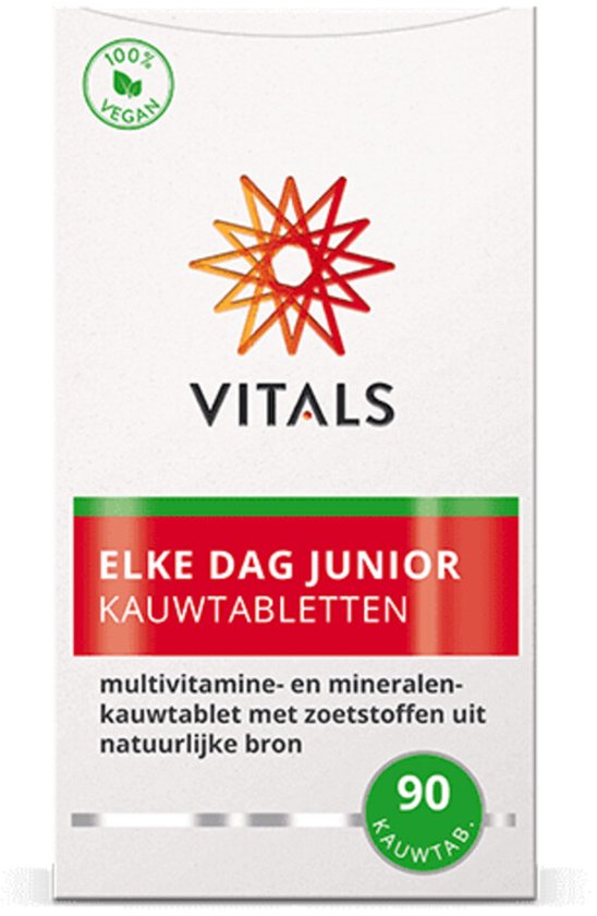 Vitals Elke Dag Junior - 90 kauwtabletten - multivitamine. Voor kinderen. Multivitamine- en mineralenkauwtablet met zoetstoffen uit natuurlijke bron.