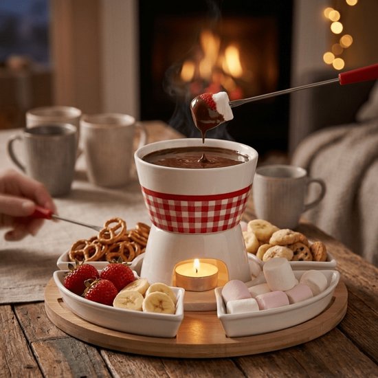Fondue Set voor 4 Personen – Bamboe en Porselein – Inclusief Schalen en Vorkjes -26,5 x 26,5 x 19 cm — afbeelding 4