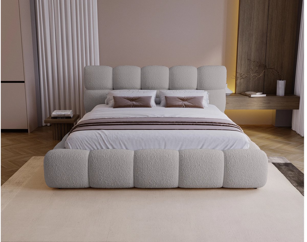 Gestoffeerd Tweepersoonsbed 200x200 cm met Opbergruimte en Hoog Rond Hoofdbord – Luxe Bouclé Design Bed met Houten Lattenbodem – Lichtgrijs – Boston Elegance – Laura