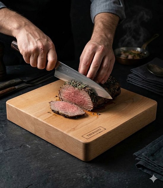 Billot TheWootz – Fabriqué à la main aux Pays-Bas – Bois de hêtre massif – 40×40×6 cm – Pour viande, légumes et travaux de hachage intensifs