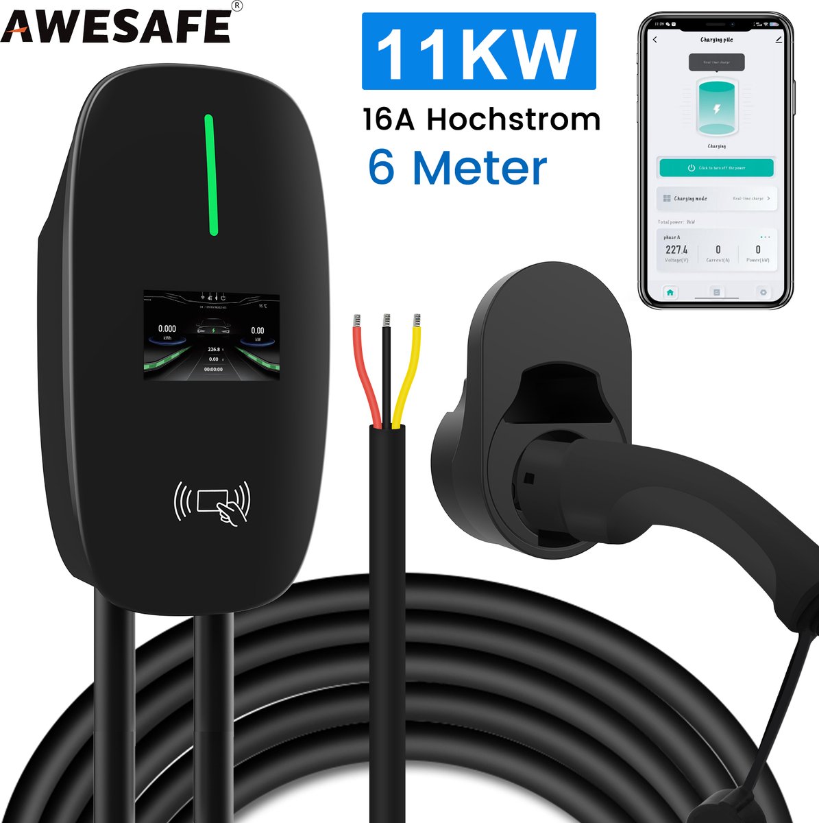 Awesafe 11KW Auto Laadpaal - Type 2 - 3-Fase - Waterdicht - 16A - 6A/8A/10A/13A/16A Schakelbaar - 6M Laadkabel - Met App/WiFi Bediening - Zwart