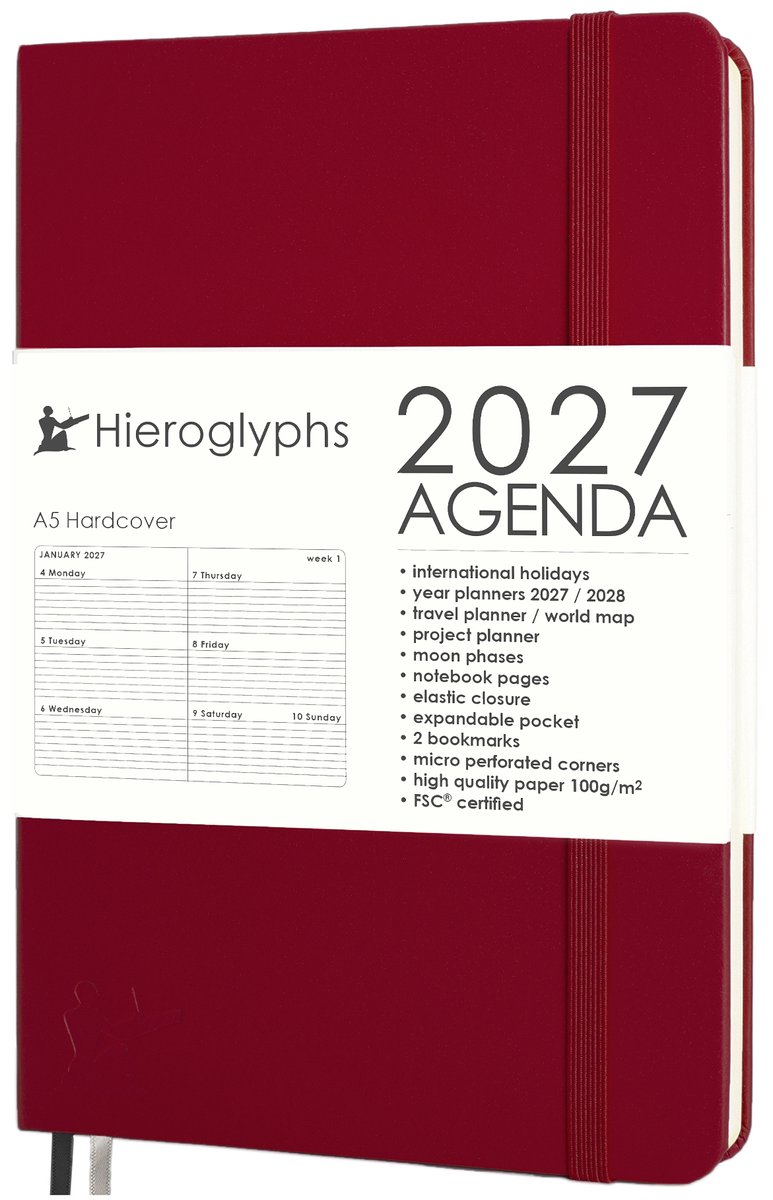 Hieroglyphs Agenda 2027 A5 - 1 Week op 2 pagina's - Harde Kaft - Elastiek - Opbergvak - 2 Bladwijzers - Weekagenda Jaaragenda Volwassenen - Scharlaken Rood