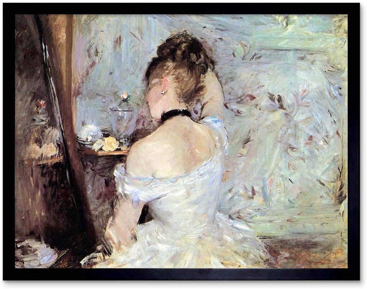 Ingelijste Kunstprint Dame op Toilet Oude Meester Schilderij - Klassieke Wanddecoratie 30x