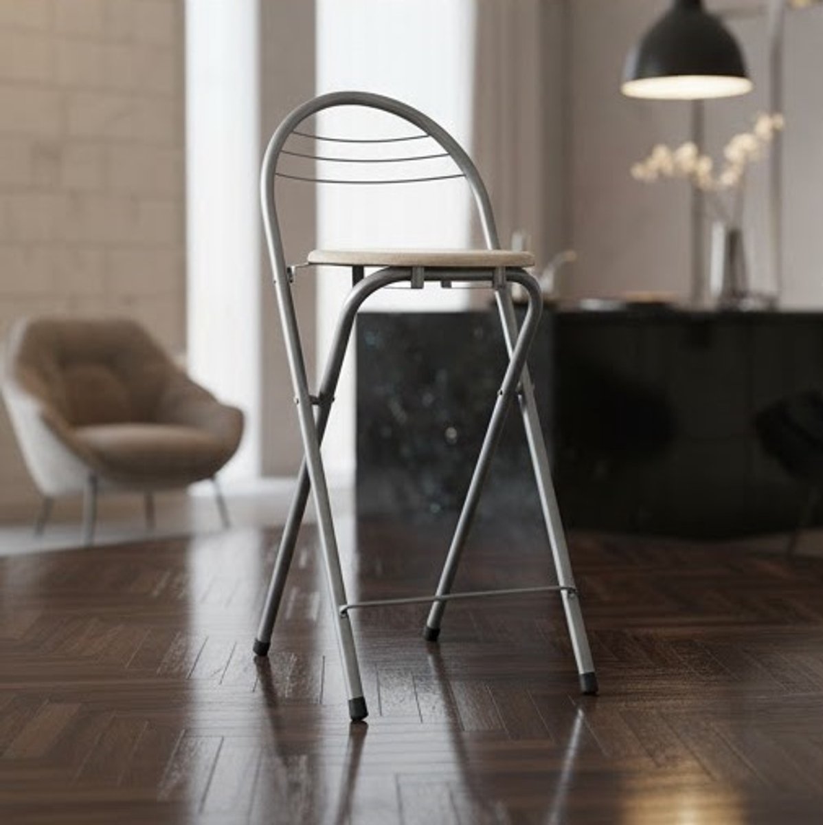Set van 2 Opvouwbare Barkrukken – Draagbare Barstoelen met Rugleuning – Modern Keuken- en Bistrostijl – Zithoogte 61 cm – Eiken Hout & Zilver – Perfect voor Keukeneiland, Balkon, Patio of Café-Casa...